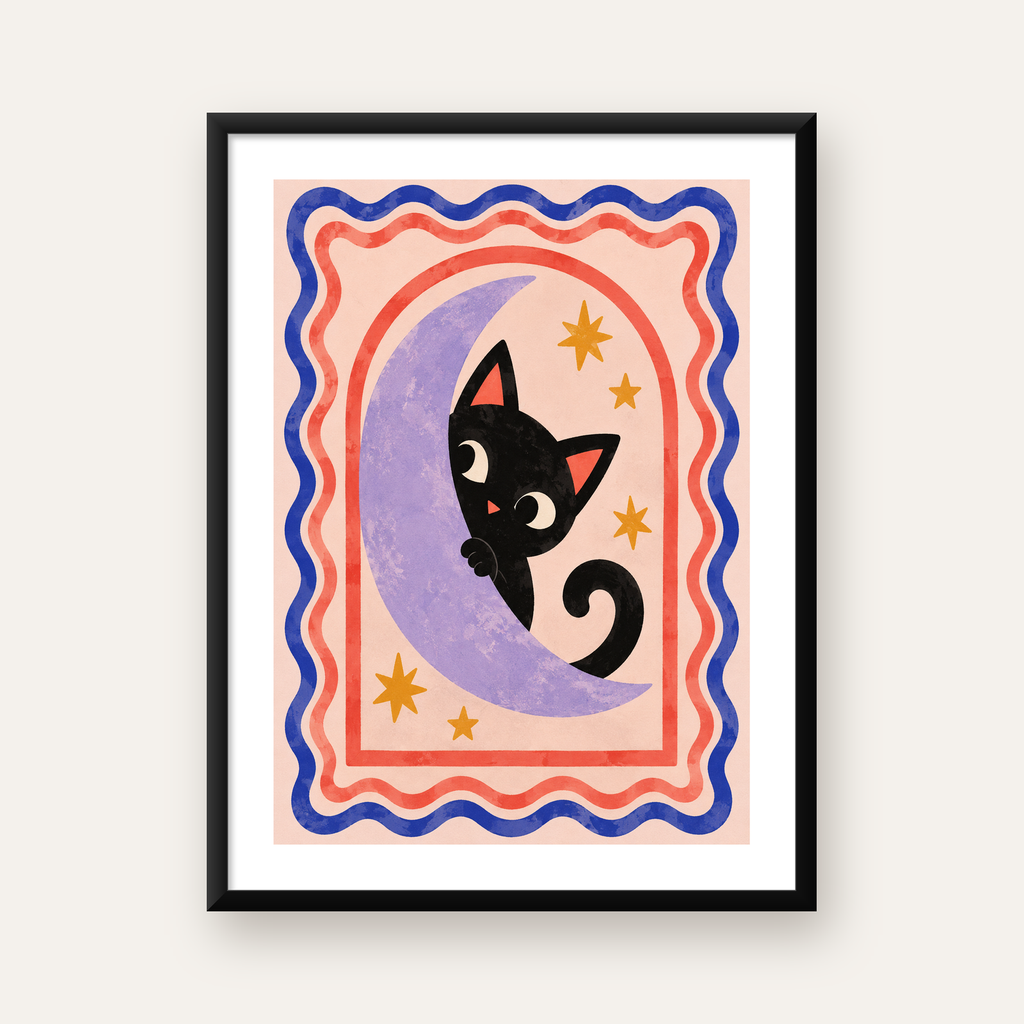 Ayda Siyah Kedi ve Yıldızlar Modern Çizgili Poster — Dikey baskı, beyaz paspartulu