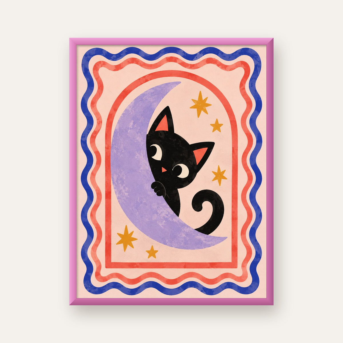 Ayda Siyah Kedi ve Yıldızlar Modern Çizgili Poster — pembe çerçeveli