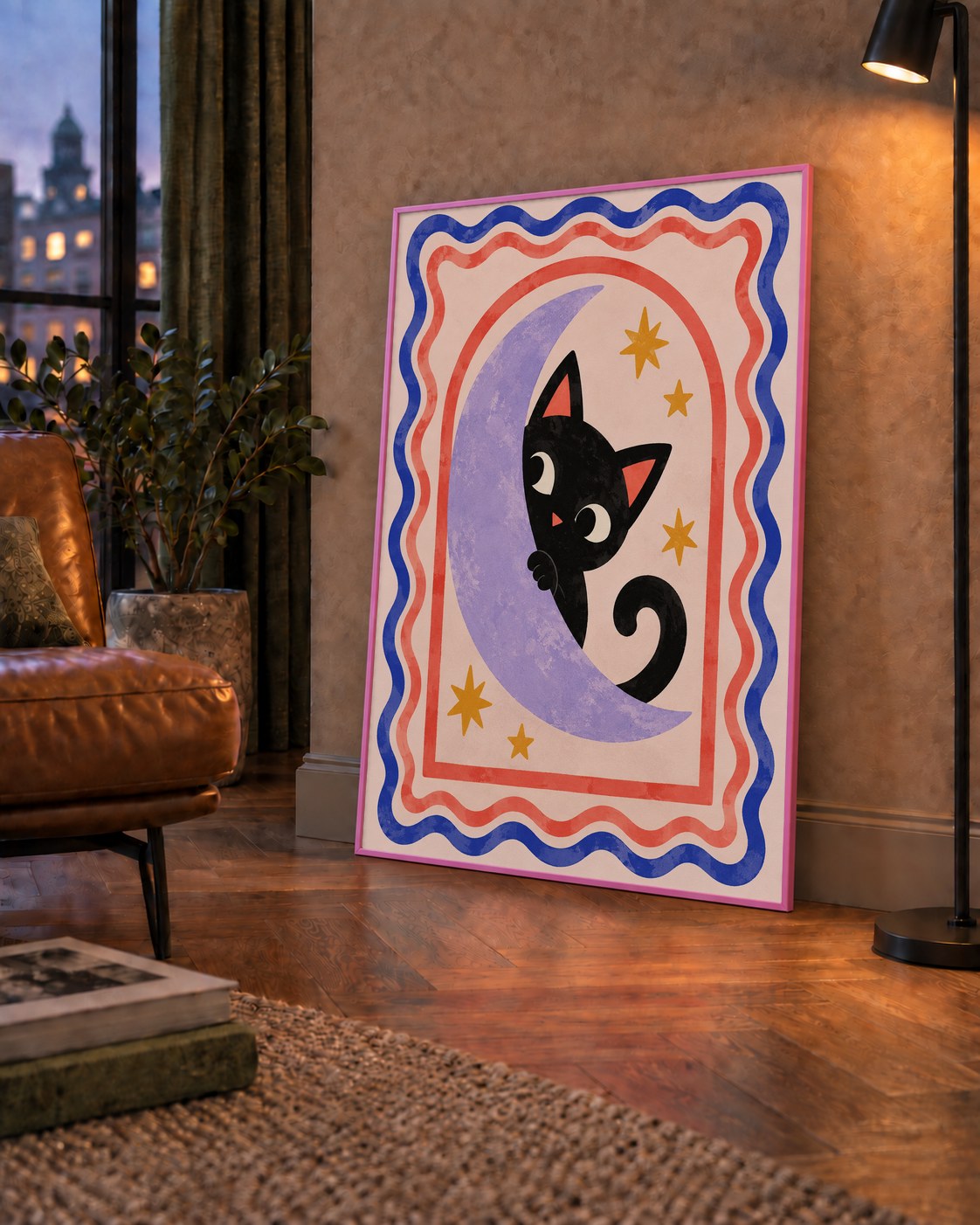 Ayda Siyah Kedi ve Yıldızlar Modern Çizgili Poster — çerçeveli hâliyle bir ev duvarında