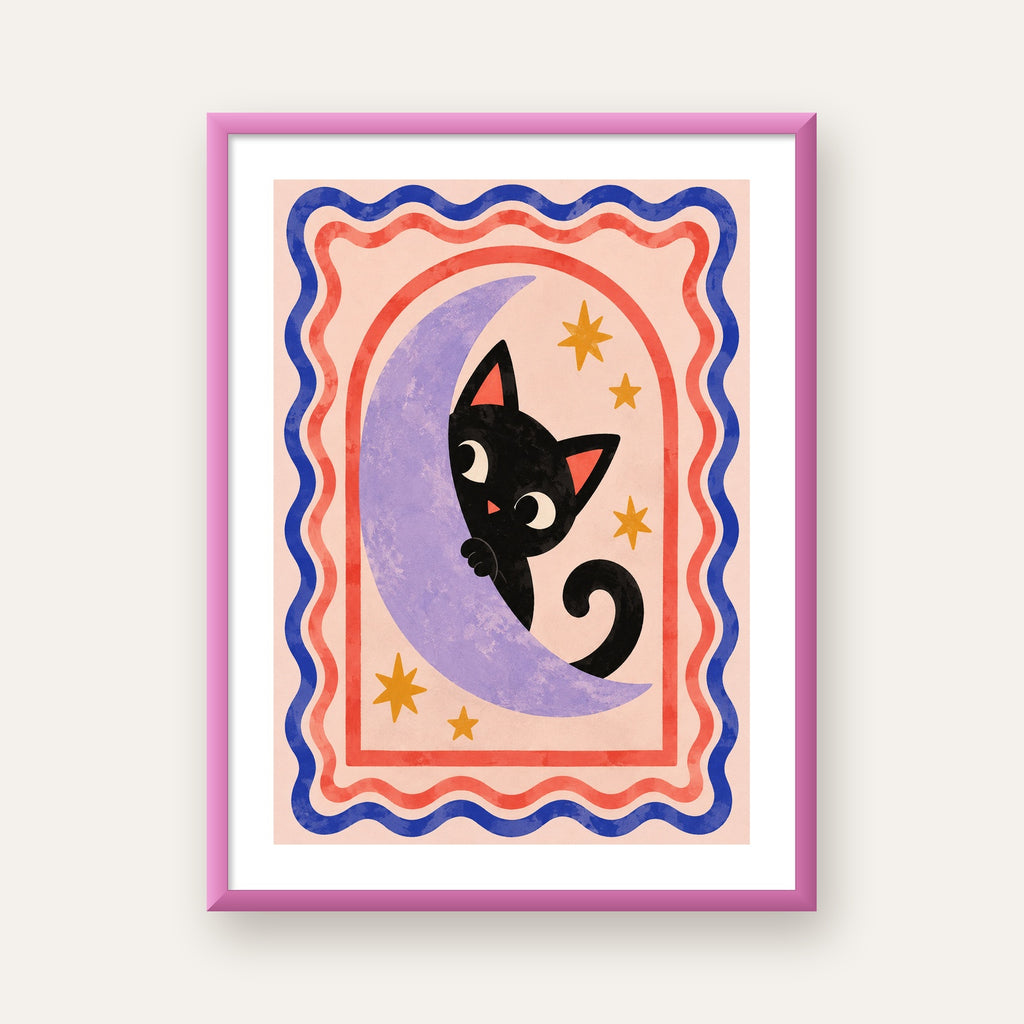 Ayda Siyah Kedi ve Yıldızlar Modern Çizgili Poster — pembe çerçeveli paspartulu