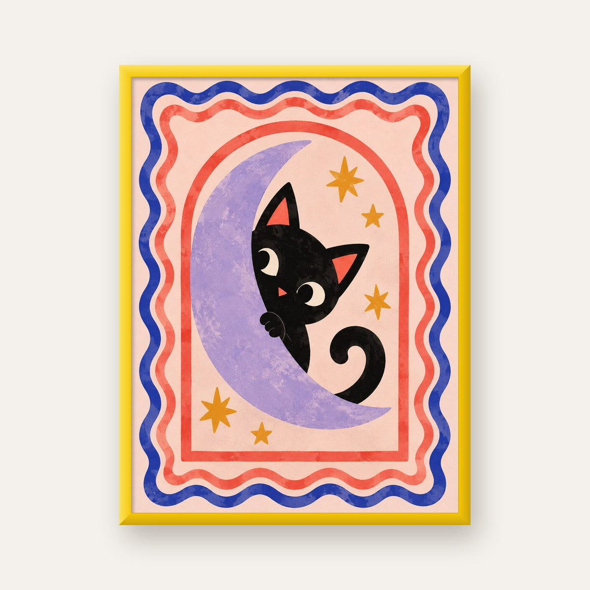 Ayda Siyah Kedi ve Yıldızlar Modern Çizgili Poster — sarı çerçeveli