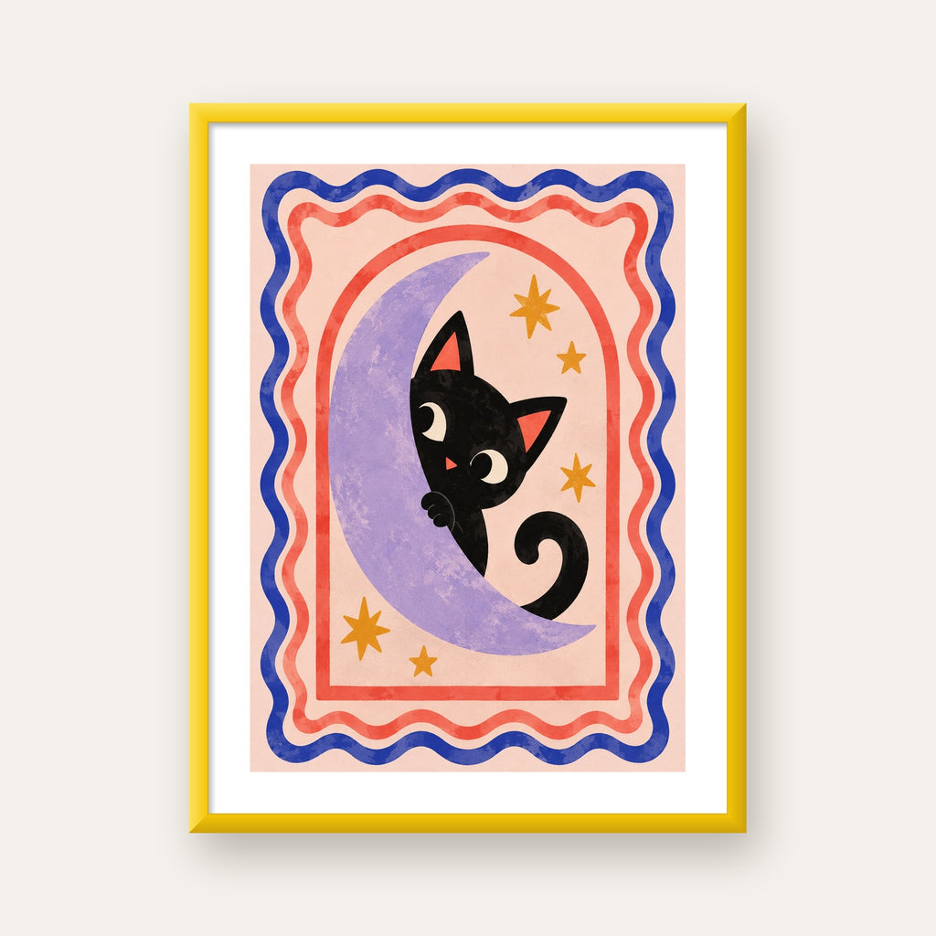 Ayda Siyah Kedi ve Yıldızlar Modern Çizgili Poster — sarı çerçeveli paspartulu