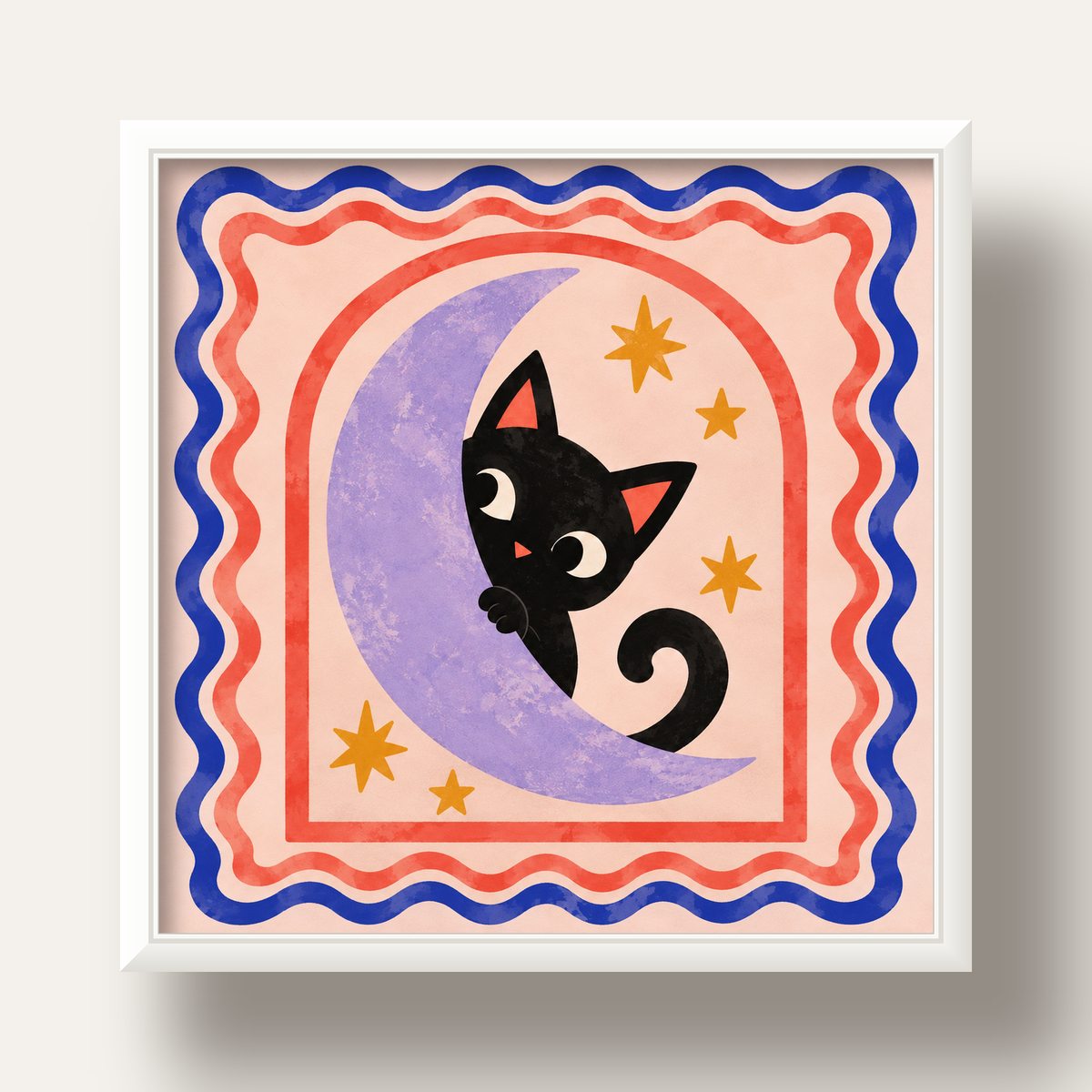 Ayda Siyah Kedi ve Yıldızlar Modern Çizgili Poster — beyaz derin çerçeveli