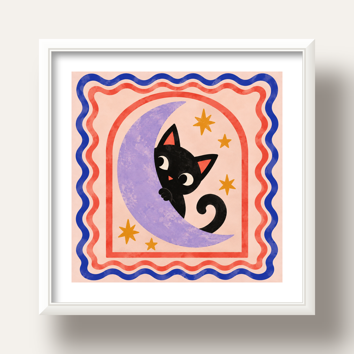 Ayda Siyah Kedi ve Yıldızlar Modern Çizgili Poster — beyaz derin çerçeveli paspartulu