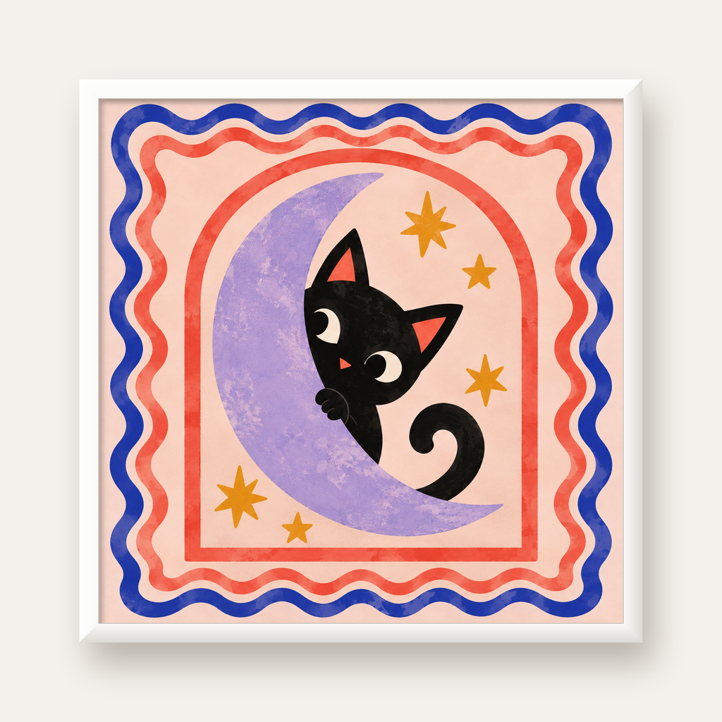 Ayda Siyah Kedi ve Yıldızlar Modern Çizgili Poster — beyaz çerçeveli kare poster