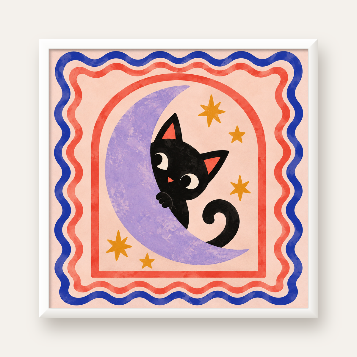 Ayda Siyah Kedi ve Yıldızlar Modern Çizgili Poster — beyaz çerçeveli kare poster