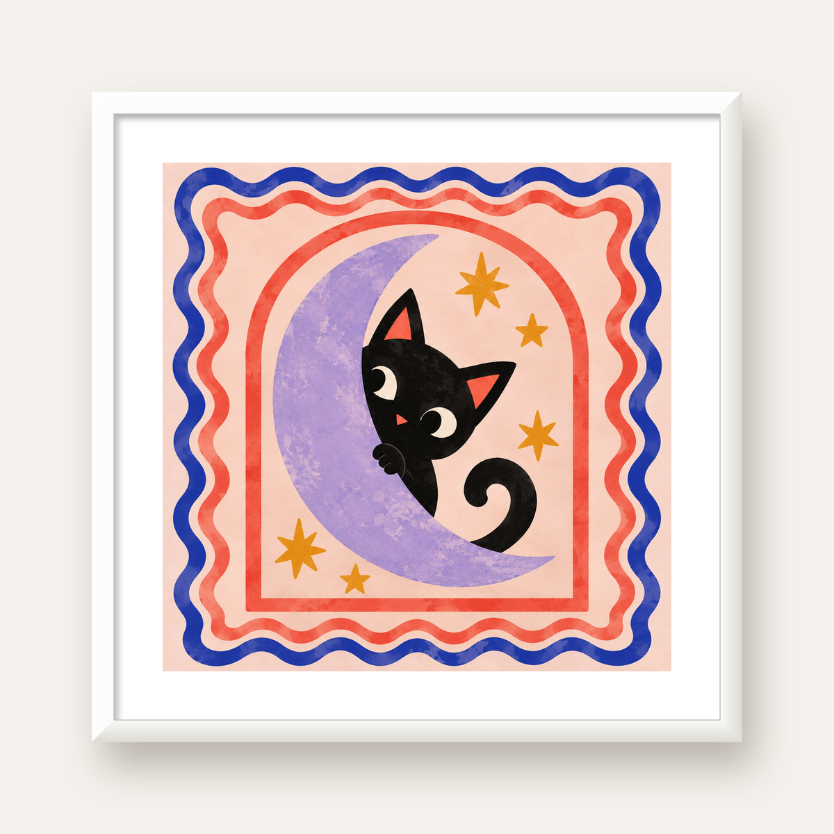 Ayda Siyah Kedi ve Yıldızlar Modern Çizgili Poster — beyaz çerçeveli kare poster