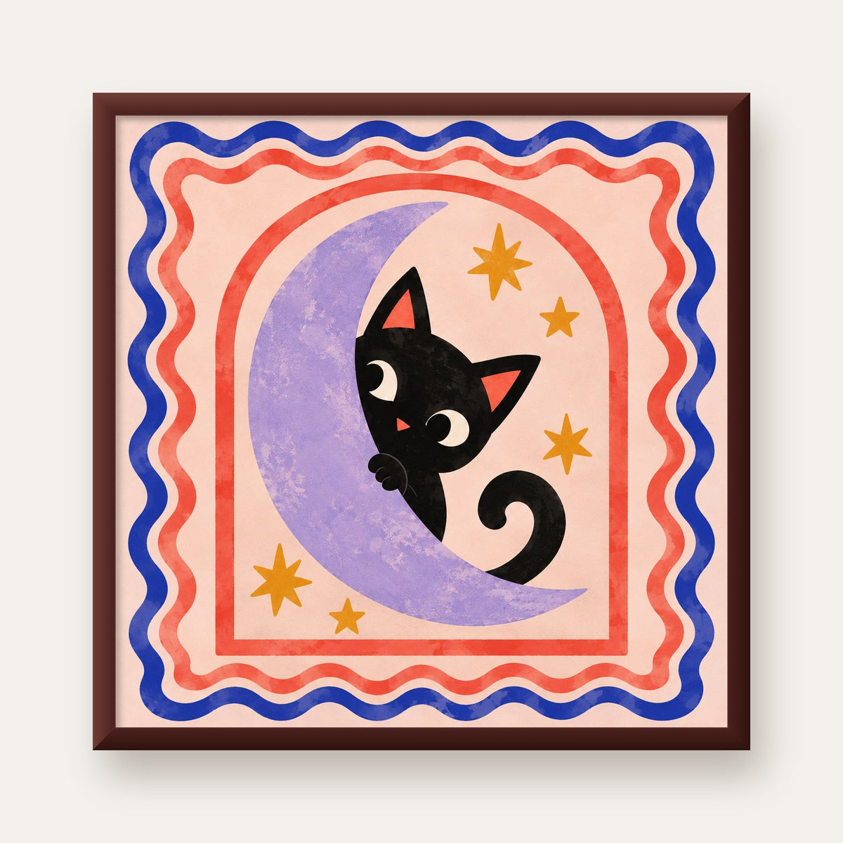 Ayda Siyah Kedi ve Yıldızlar Modern Çizgili Poster — ceviz çerçeveli