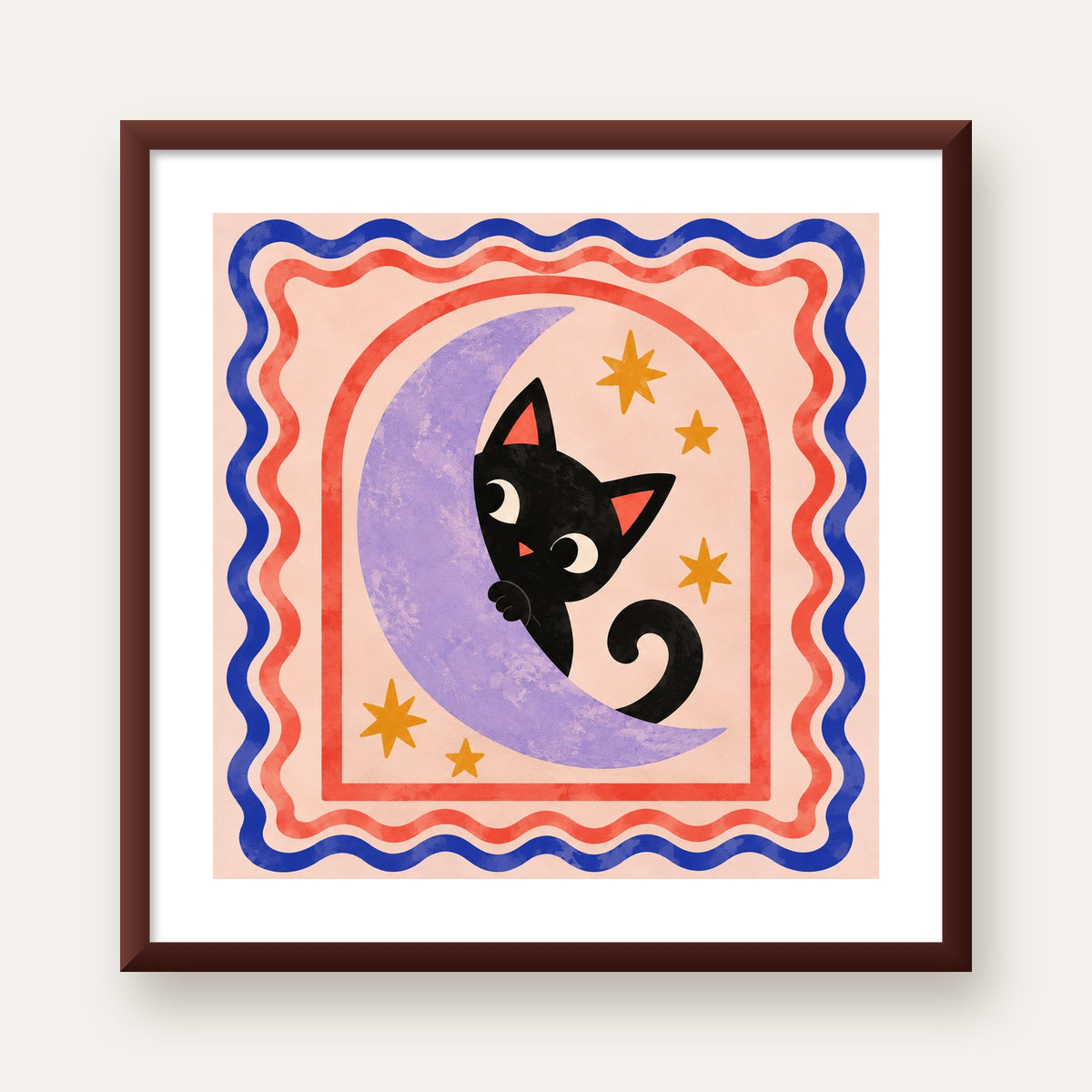 Ayda Siyah Kedi ve Yıldızlar Modern Çizgili Poster — ceviz çerçeveli paspartulu