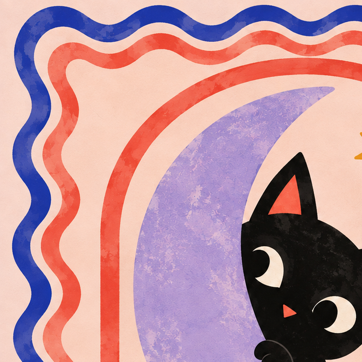 Ayda Siyah Kedi ve Yıldızlar Modern Çizgili Poster — baskının yakın çekimi, kâğıt dokusu ve renk detayı