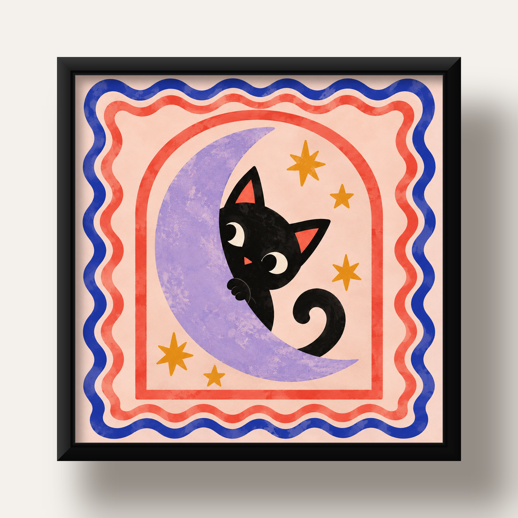 Ayda Siyah Kedi ve Yıldızlar Modern Çizgili Poster — siyah derin çerçeveli