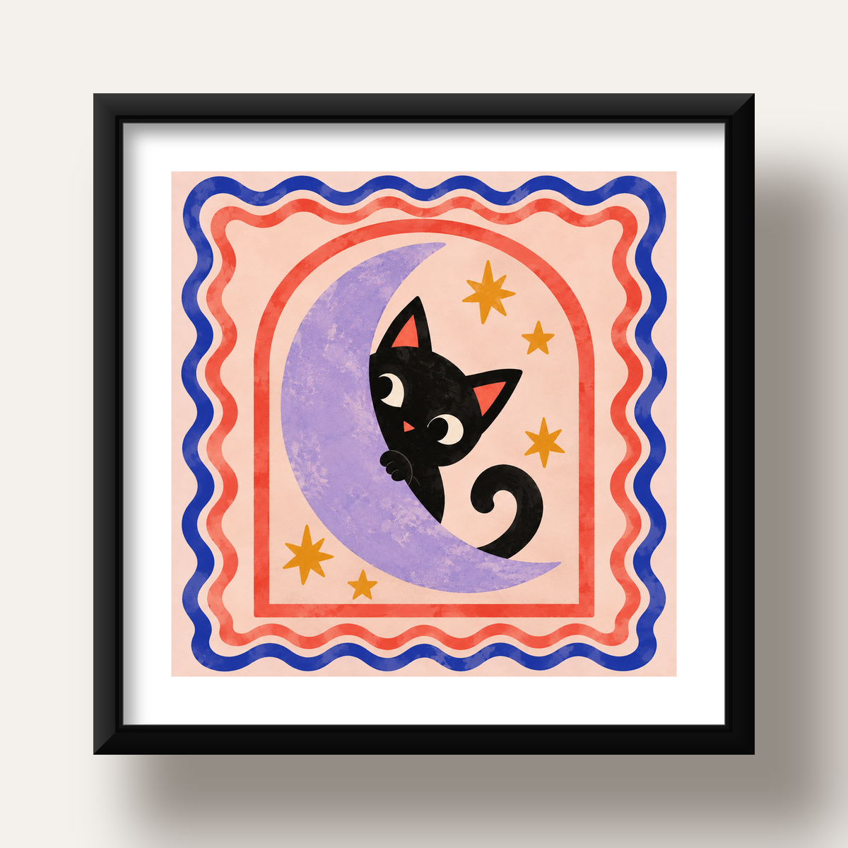 Ayda Siyah Kedi ve Yıldızlar Modern Çizgili Poster — siyah derin çerçeveli paspartulu