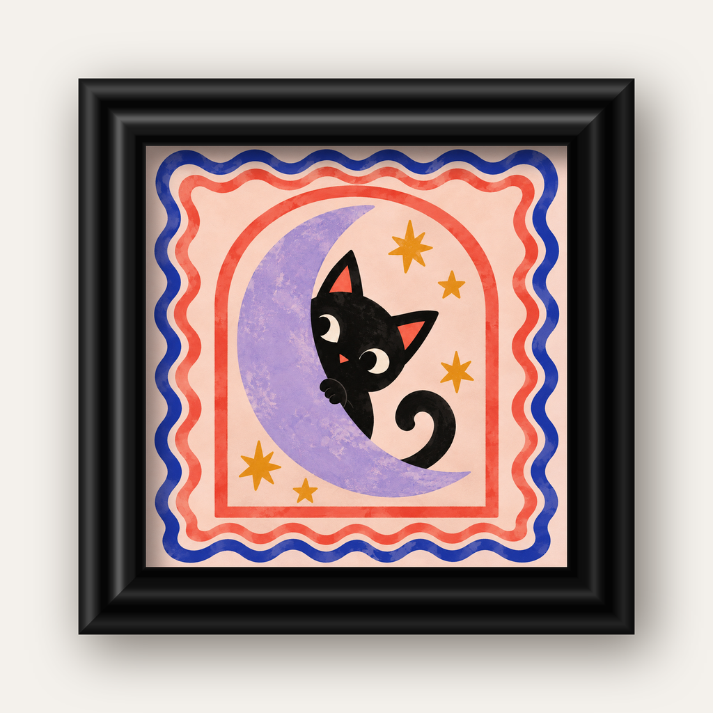 Ayda Siyah Kedi ve Yıldızlar Modern Çizgili Poster — siyah galeri çerçeveli