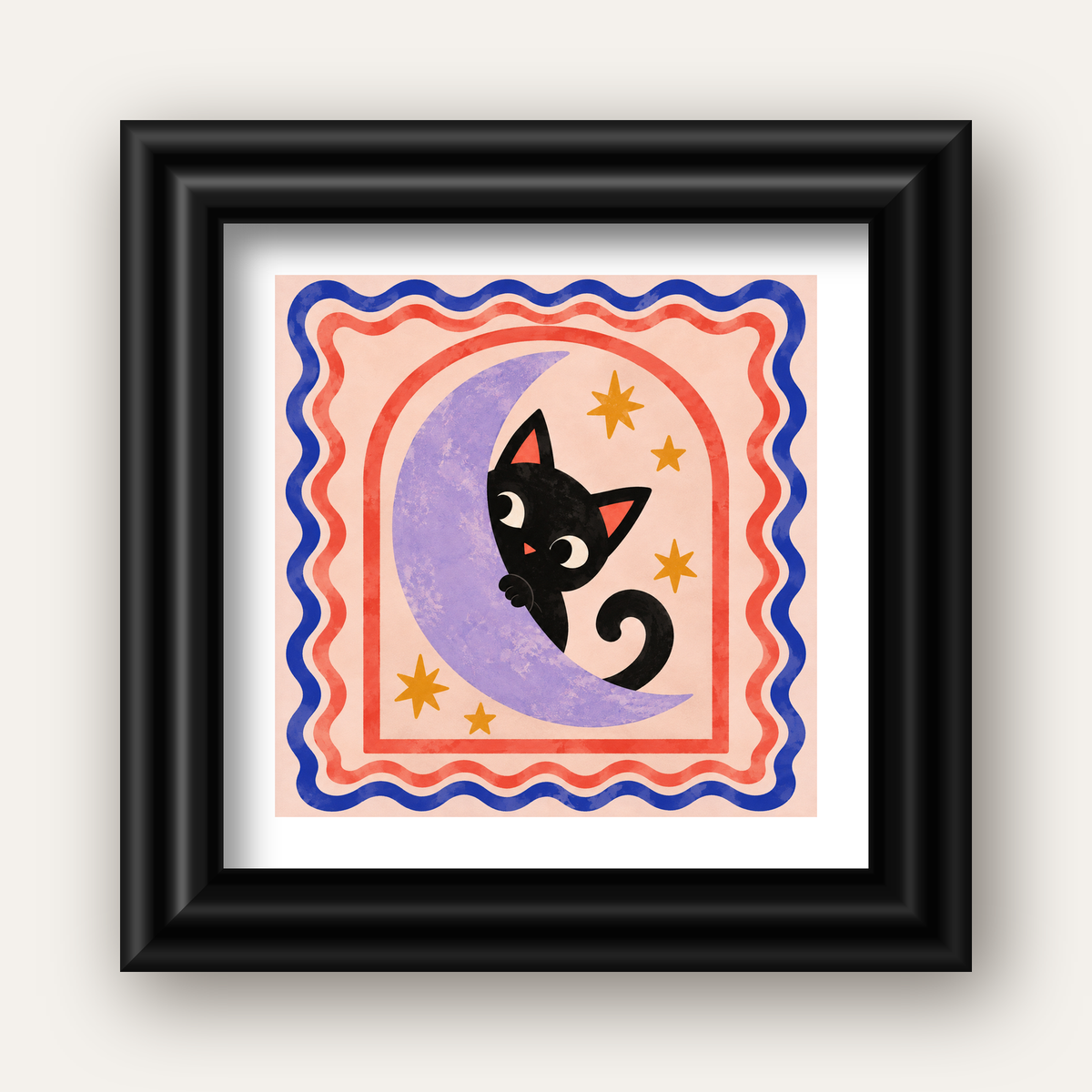 Ayda Siyah Kedi ve Yıldızlar Modern Çizgili Poster — siyah galeri çerçeveli paspartulu