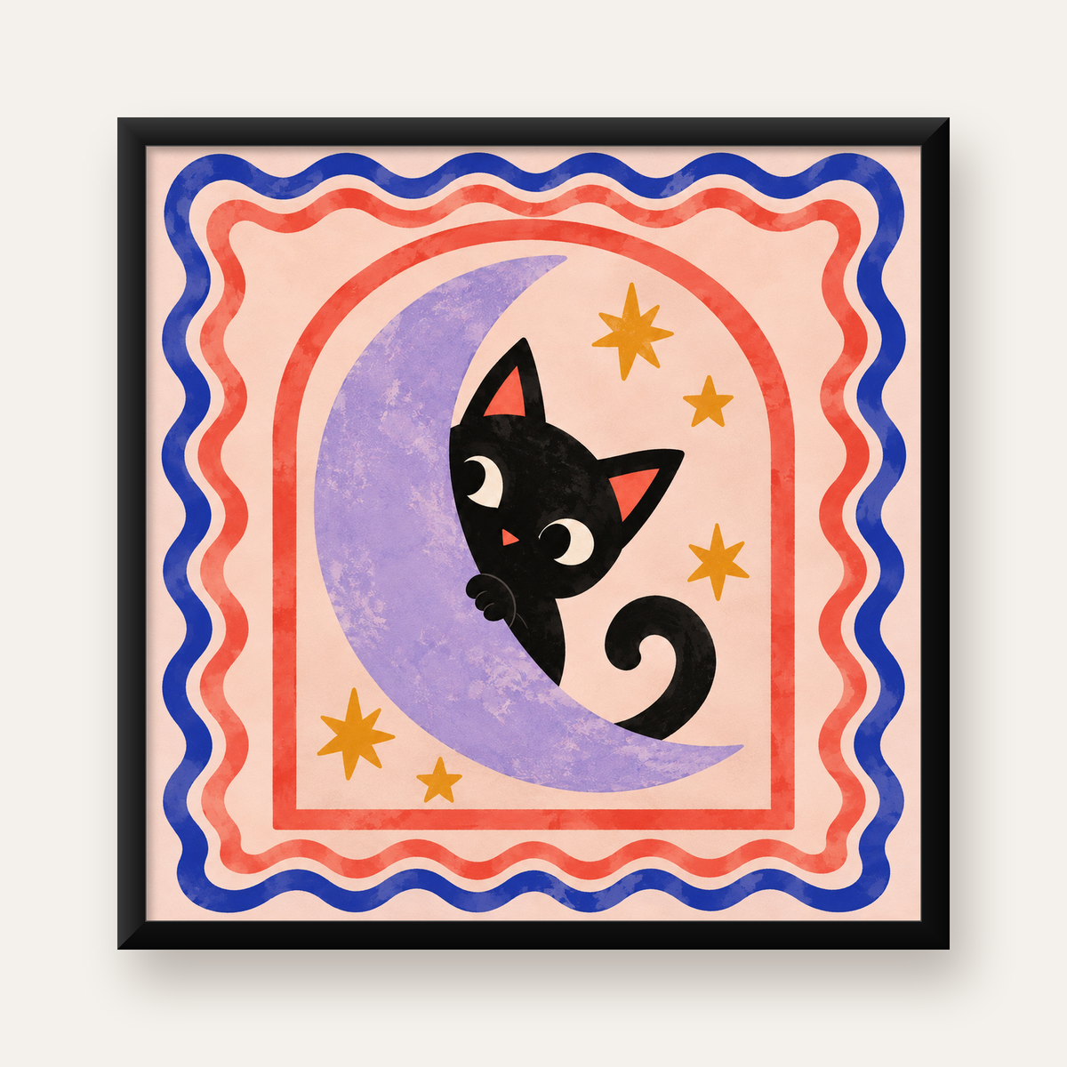 Ayda Siyah Kedi ve Yıldızlar Modern Çizgili Poster — Kare baskı, düz siyah çerçeveli duvar posteri