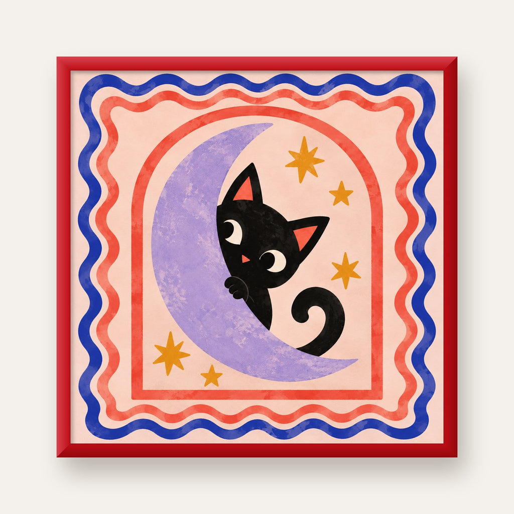 Ayda Siyah Kedi ve Yıldızlar Modern Çizgili Poster — kırmızı çerçeveli