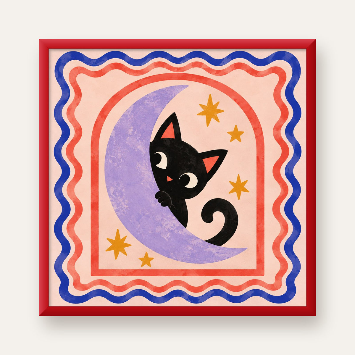 Ayda Siyah Kedi ve Yıldızlar Modern Çizgili Poster — kırmızı çerçeveli