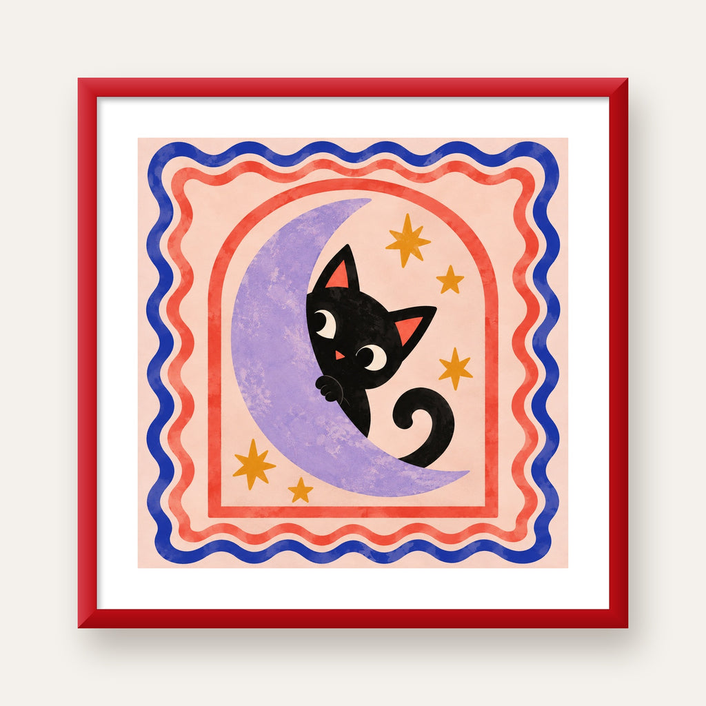 Ayda Siyah Kedi ve Yıldızlar Modern Çizgili Poster — kırmızı çerçeveli paspartulu