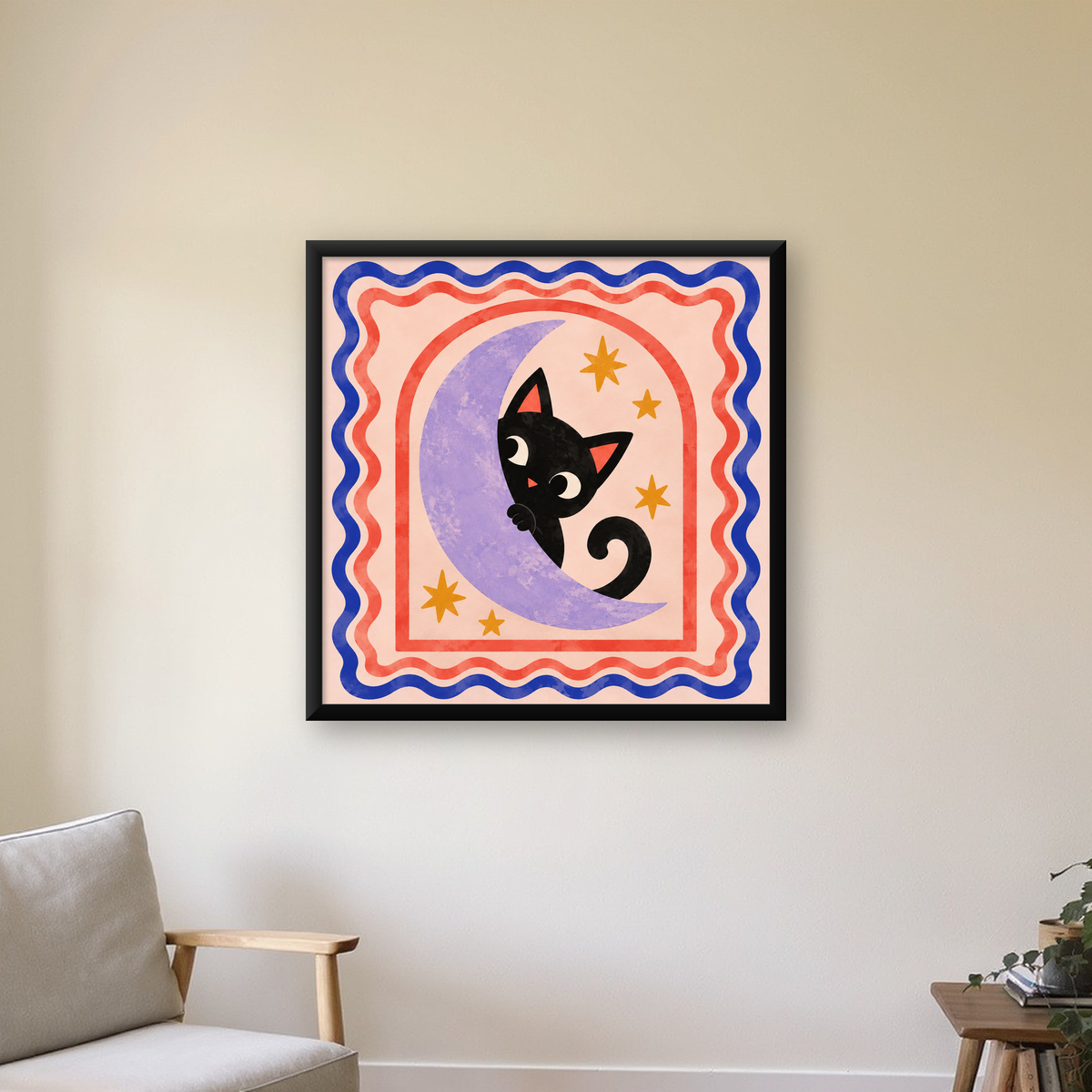 Ayda Siyah Kedi ve Yıldızlar Modern Çizgili Poster — Kare baskı, çerçeveli hâliyle bir ev duvarında