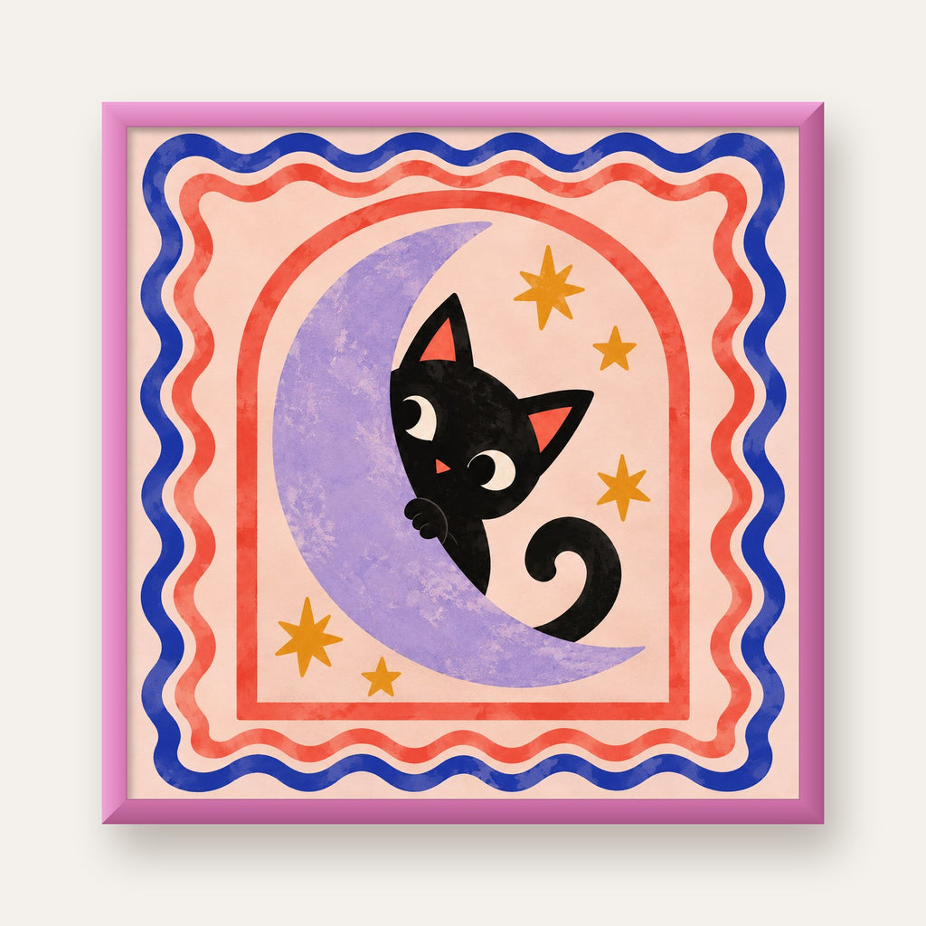 Ayda Siyah Kedi ve Yıldızlar Modern Çizgili Poster — pembe çerçeveli