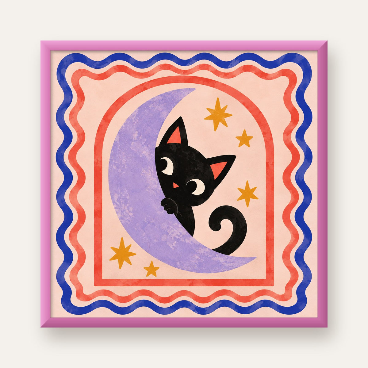 Ayda Siyah Kedi ve Yıldızlar Modern Çizgili Poster — pembe çerçeveli