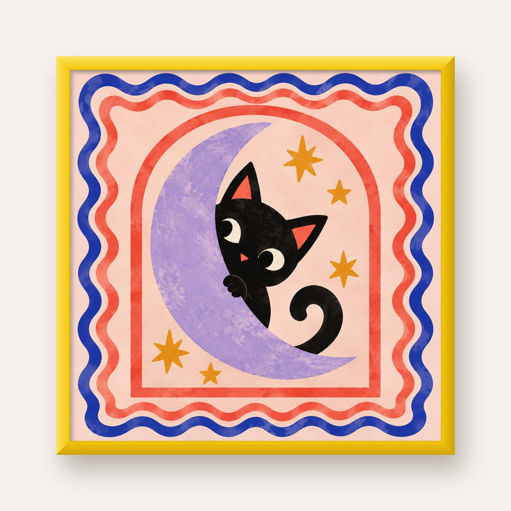 Ayda Siyah Kedi ve Yıldızlar Modern Çizgili Poster — sarı çerçeveli