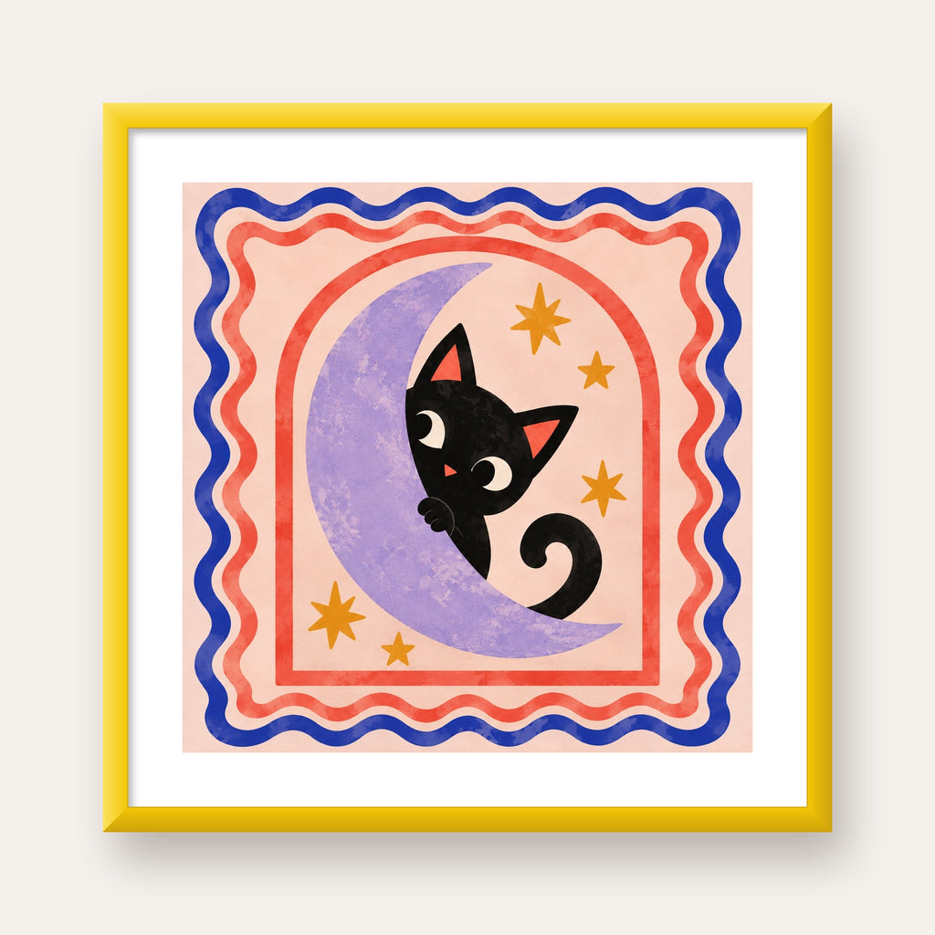 Ayda Siyah Kedi ve Yıldızlar Modern Çizgili Poster — sarı çerçeveli paspartulu