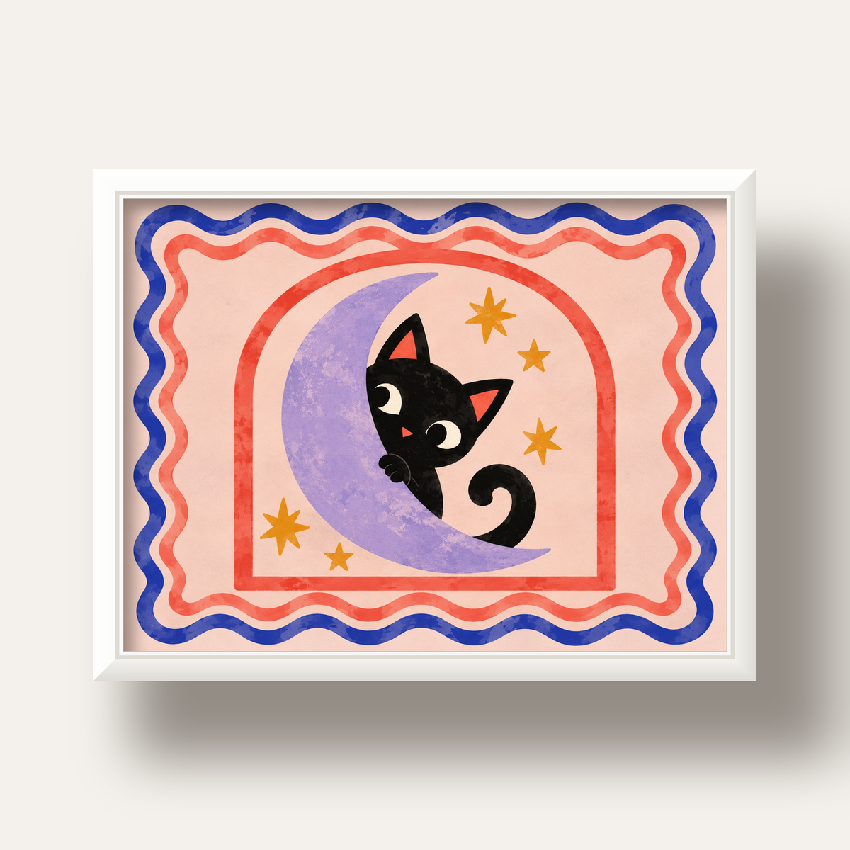 Ayda Siyah Kedi ve Yıldızlar Modern Çizgili Poster — beyaz derin çerçeveli