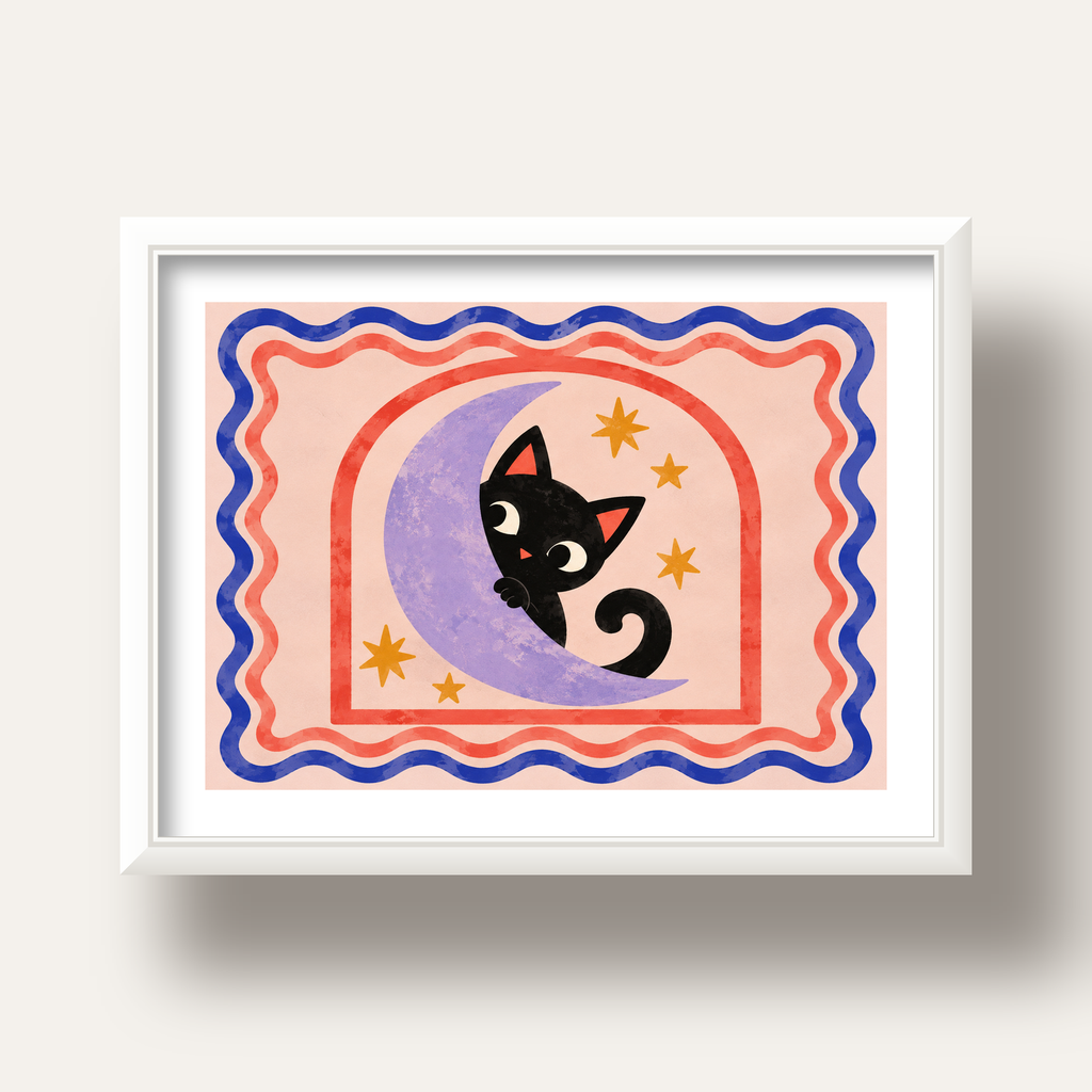 Ayda Siyah Kedi ve Yıldızlar Modern Çizgili Poster — beyaz derin çerçeveli paspartulu