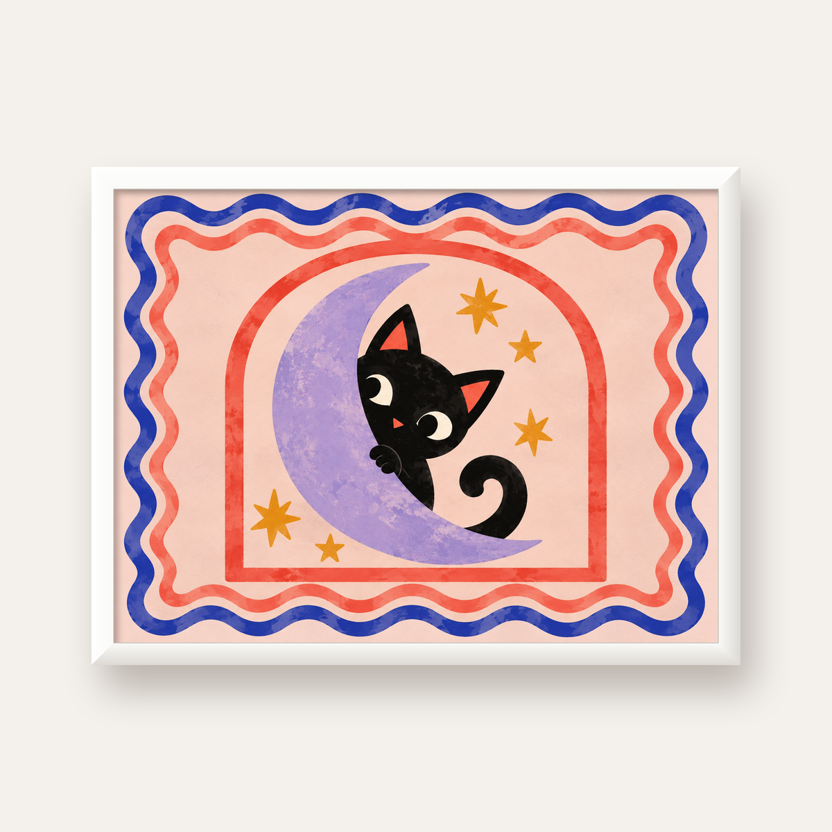 Ayda Siyah Kedi ve Yıldızlar Modern Çizgili Poster — beyaz çerçeveli yatay poster