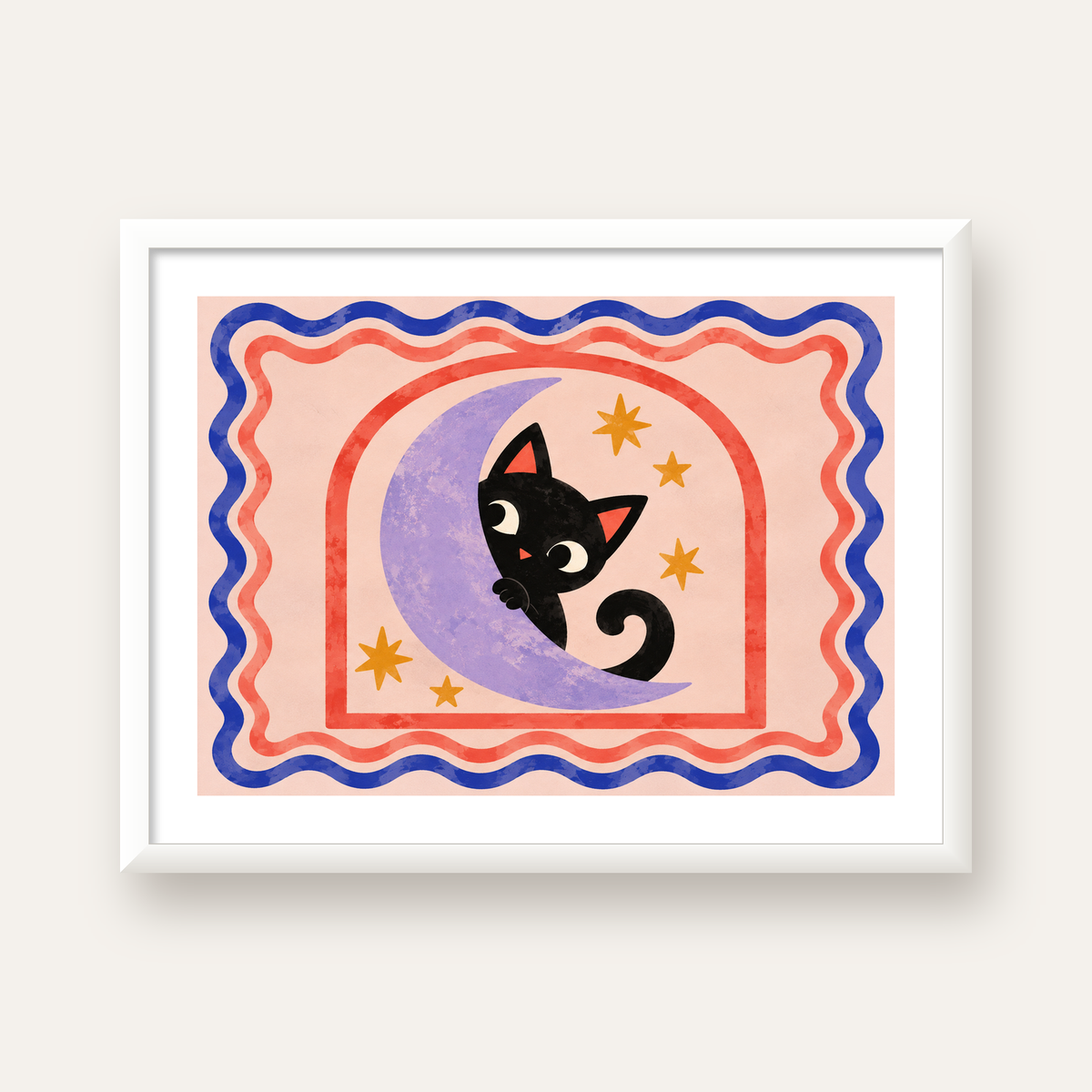 Ayda Siyah Kedi ve Yıldızlar Modern Çizgili Poster — beyaz çerçeveli yatay poster