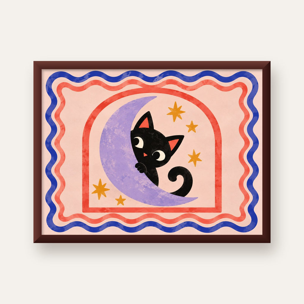 Ayda Siyah Kedi ve Yıldızlar Modern Çizgili Poster — ceviz çerçeveli