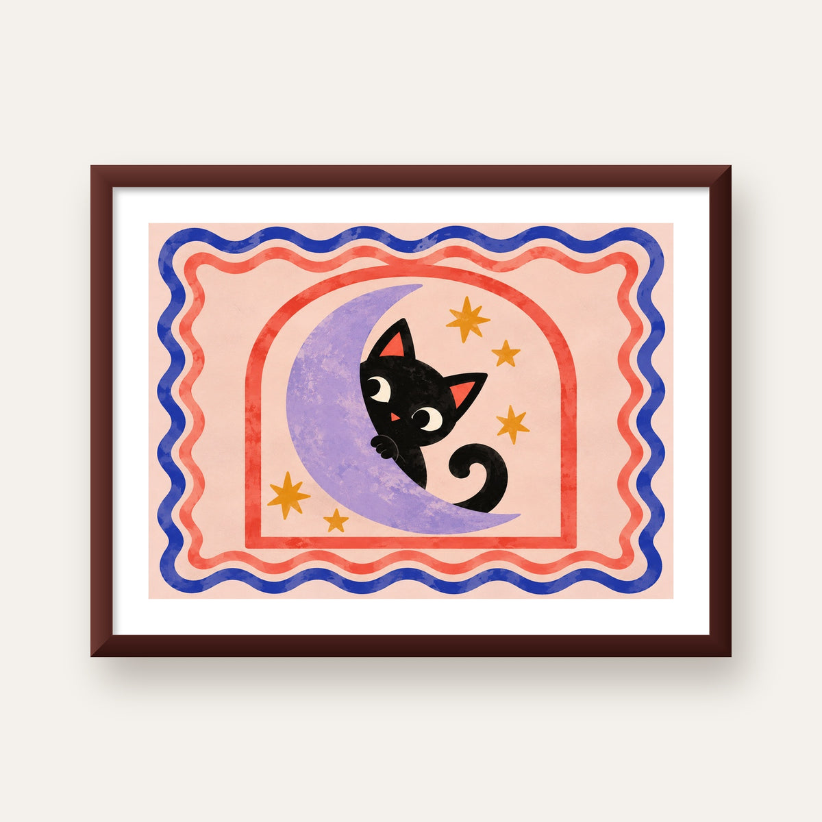 Ayda Siyah Kedi ve Yıldızlar Modern Çizgili Poster — ceviz çerçeveli paspartulu