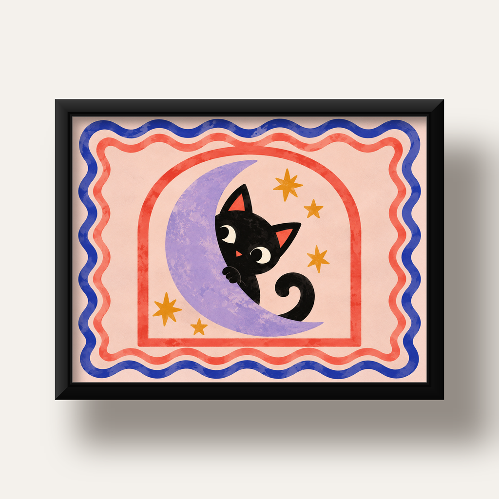 Ayda Siyah Kedi ve Yıldızlar Modern Çizgili Poster — siyah derin çerçeveli