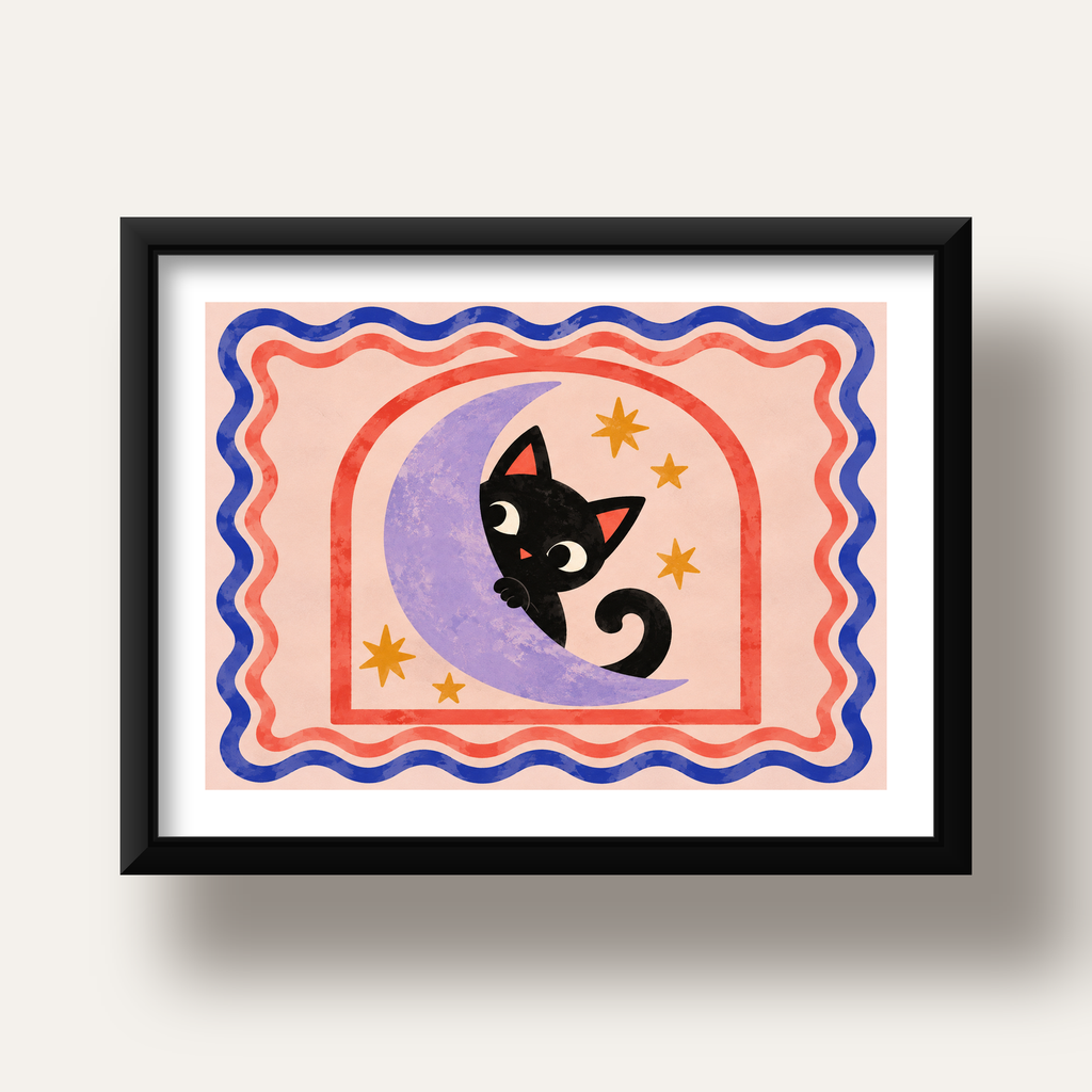 Ayda Siyah Kedi ve Yıldızlar Modern Çizgili Poster — siyah derin çerçeveli paspartulu