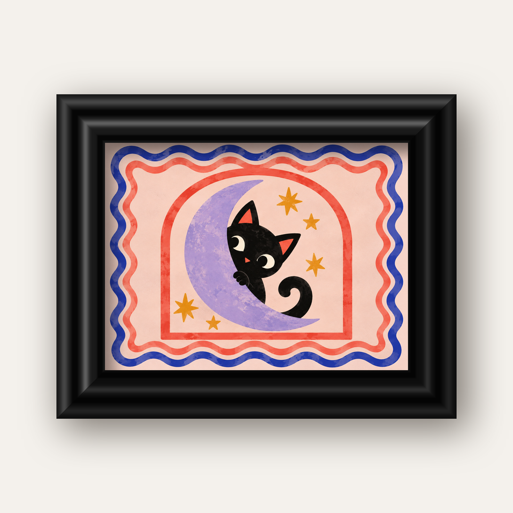 Ayda Siyah Kedi ve Yıldızlar Modern Çizgili Poster — siyah galeri çerçeveli