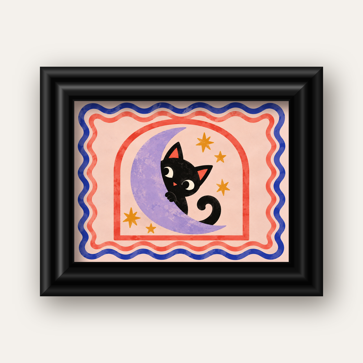 Ayda Siyah Kedi ve Yıldızlar Modern Çizgili Poster — siyah galeri çerçeveli