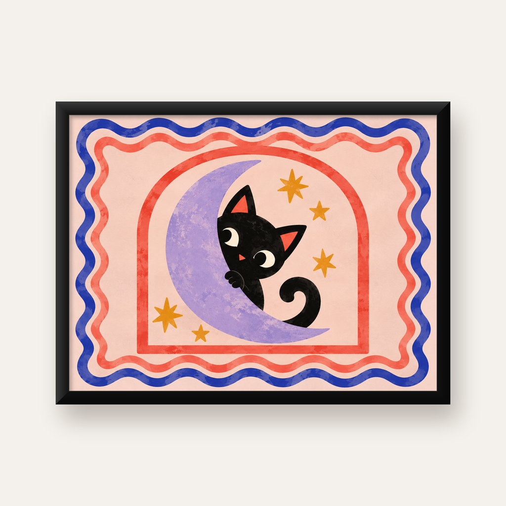 Ayda Siyah Kedi ve Yıldızlar Modern Çizgili Poster — Yatay baskı, düz siyah çerçeveli duvar posteri