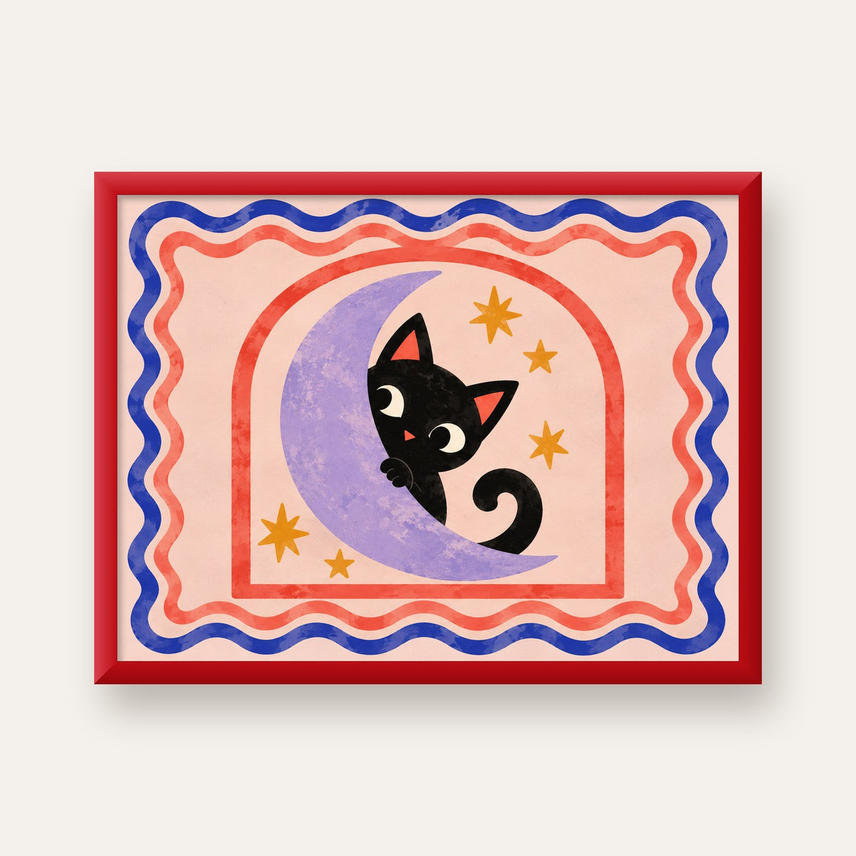 Ayda Siyah Kedi ve Yıldızlar Modern Çizgili Poster — kırmızı çerçeveli