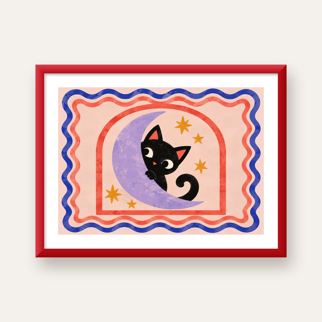 Ayda Siyah Kedi ve Yıldızlar Modern Çizgili Poster — kırmızı çerçeveli paspartulu