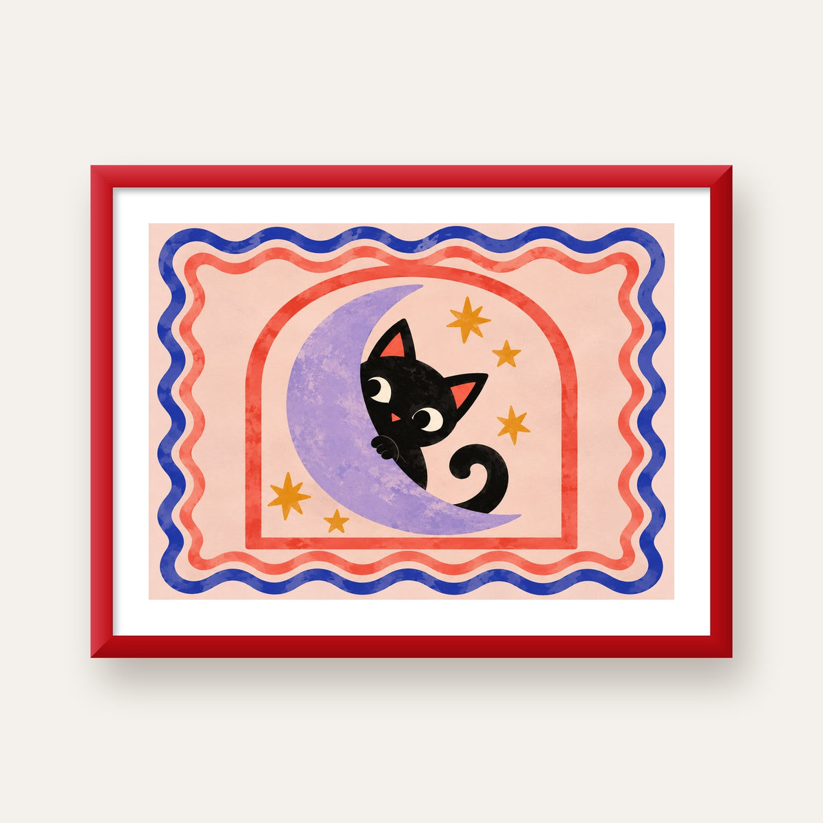 Ayda Siyah Kedi ve Yıldızlar Modern Çizgili Poster — kırmızı çerçeveli paspartulu
