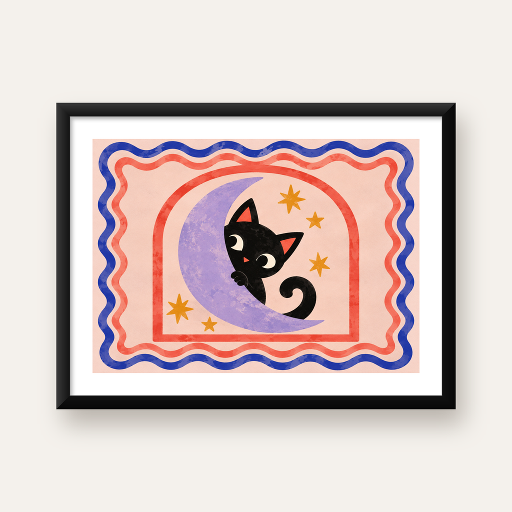 Ayda Siyah Kedi ve Yıldızlar Modern Çizgili Poster — Yatay baskı, beyaz paspartulu