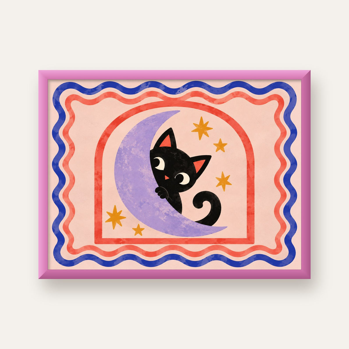 Ayda Siyah Kedi ve Yıldızlar Modern Çizgili Poster — pembe çerçeveli