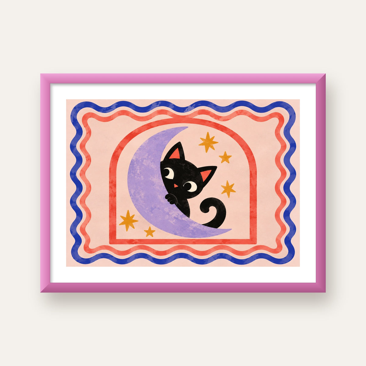 Ayda Siyah Kedi ve Yıldızlar Modern Çizgili Poster — pembe çerçeveli paspartulu