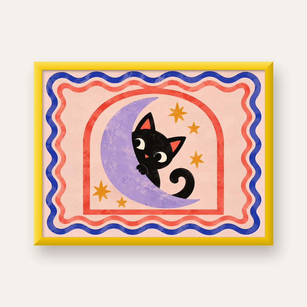 Ayda Siyah Kedi ve Yıldızlar Modern Çizgili Poster — sarı çerçeveli