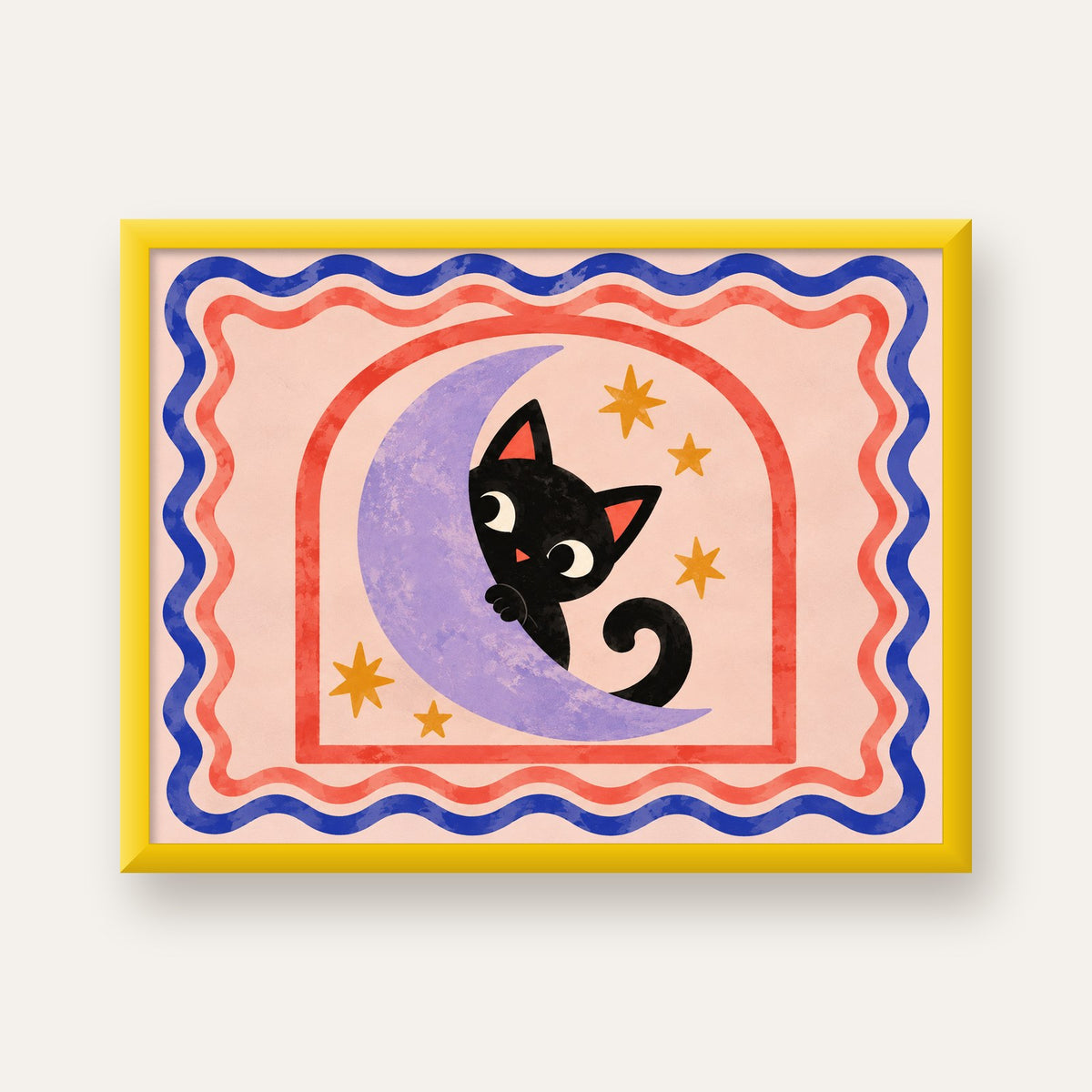 Ayda Siyah Kedi ve Yıldızlar Modern Çizgili Poster — sarı çerçeveli