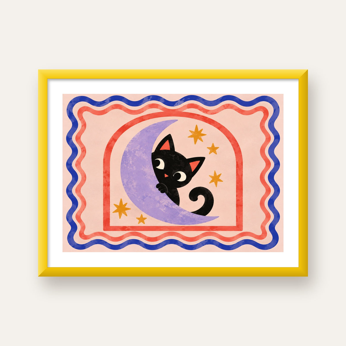 Ayda Siyah Kedi ve Yıldızlar Modern Çizgili Poster — sarı çerçeveli paspartulu