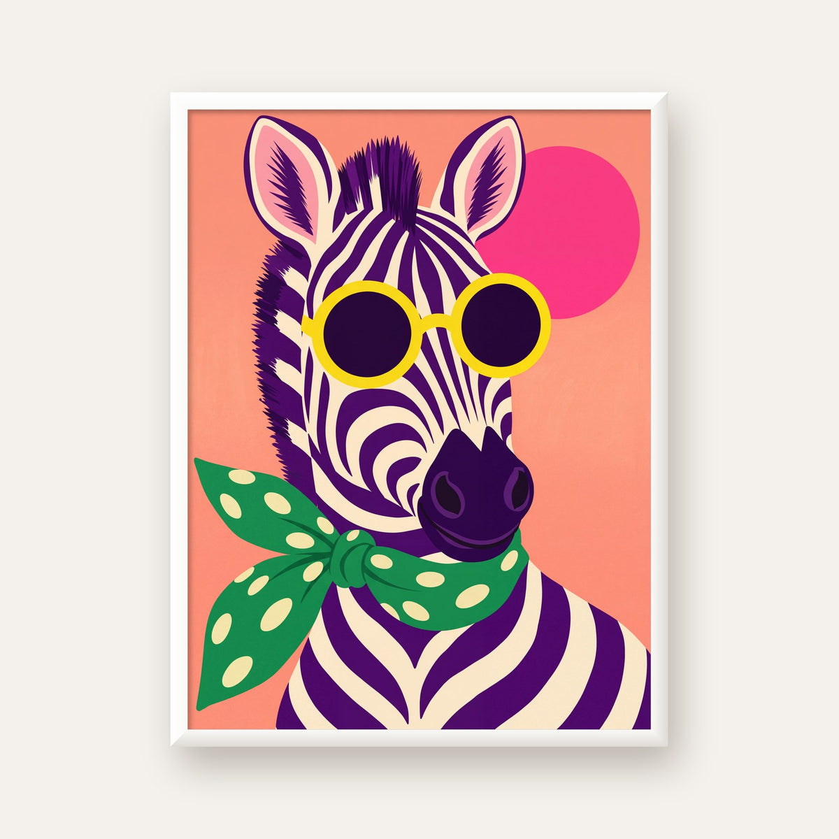 Retro Zebra Portresi Poster — Modern Renklerde Duvar Dekoru — beyaz çerçeveli dikey poster