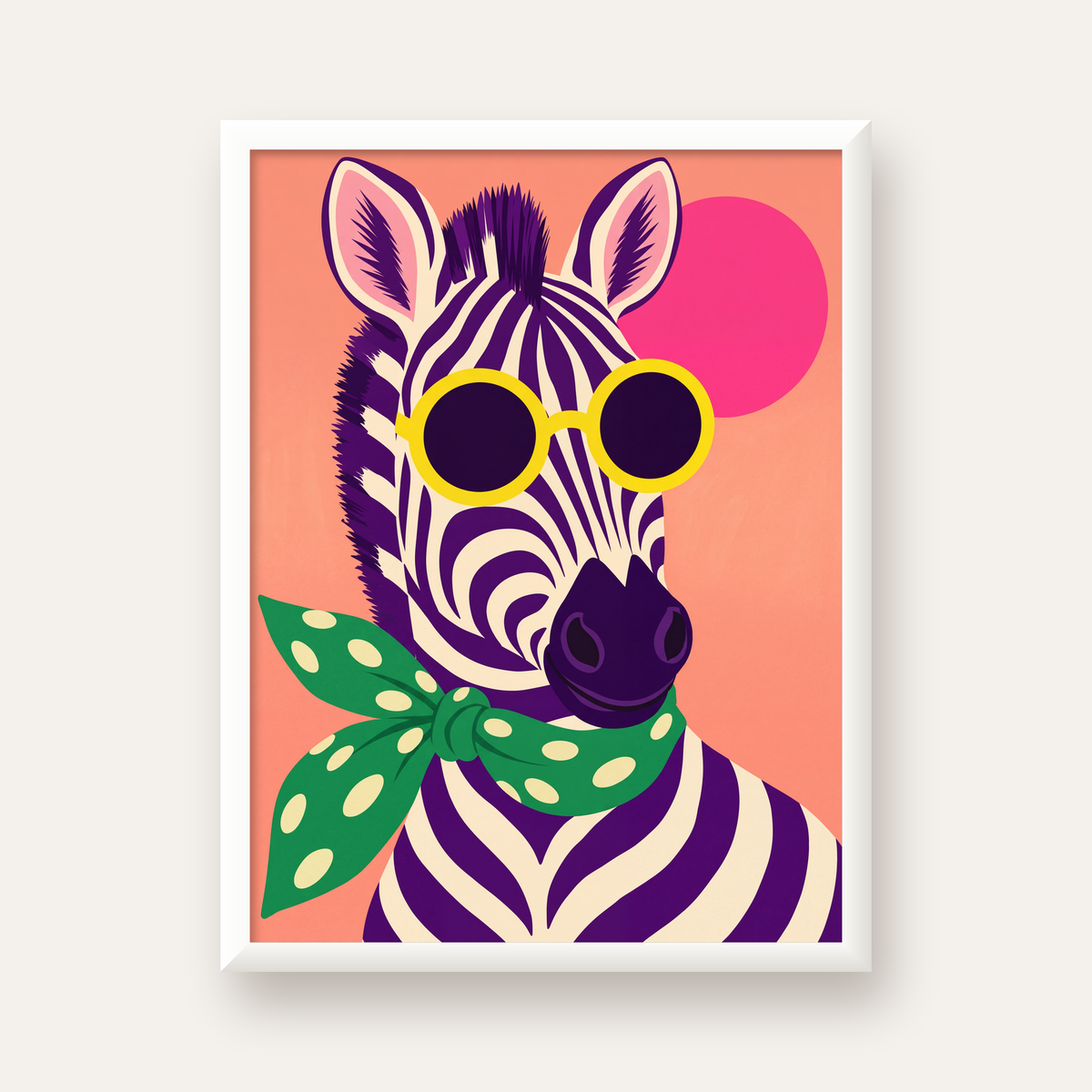 Retro Zebra Portresi Poster — Modern Renklerde Duvar Dekoru — beyaz çerçeveli dikey poster