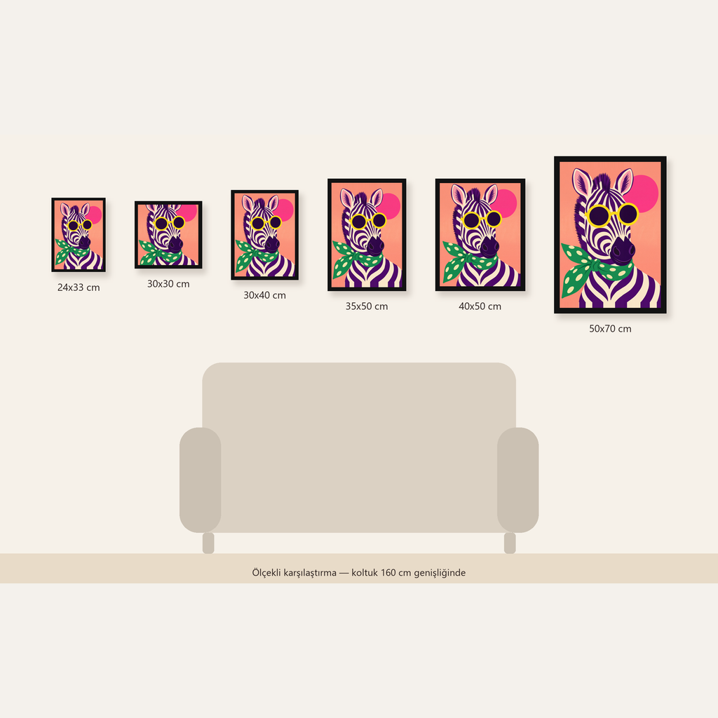 Retro Zebra Portresi Poster — Modern Renklerde Duvar Dekoru — Dikey ölçülerinin karşılaştırması
